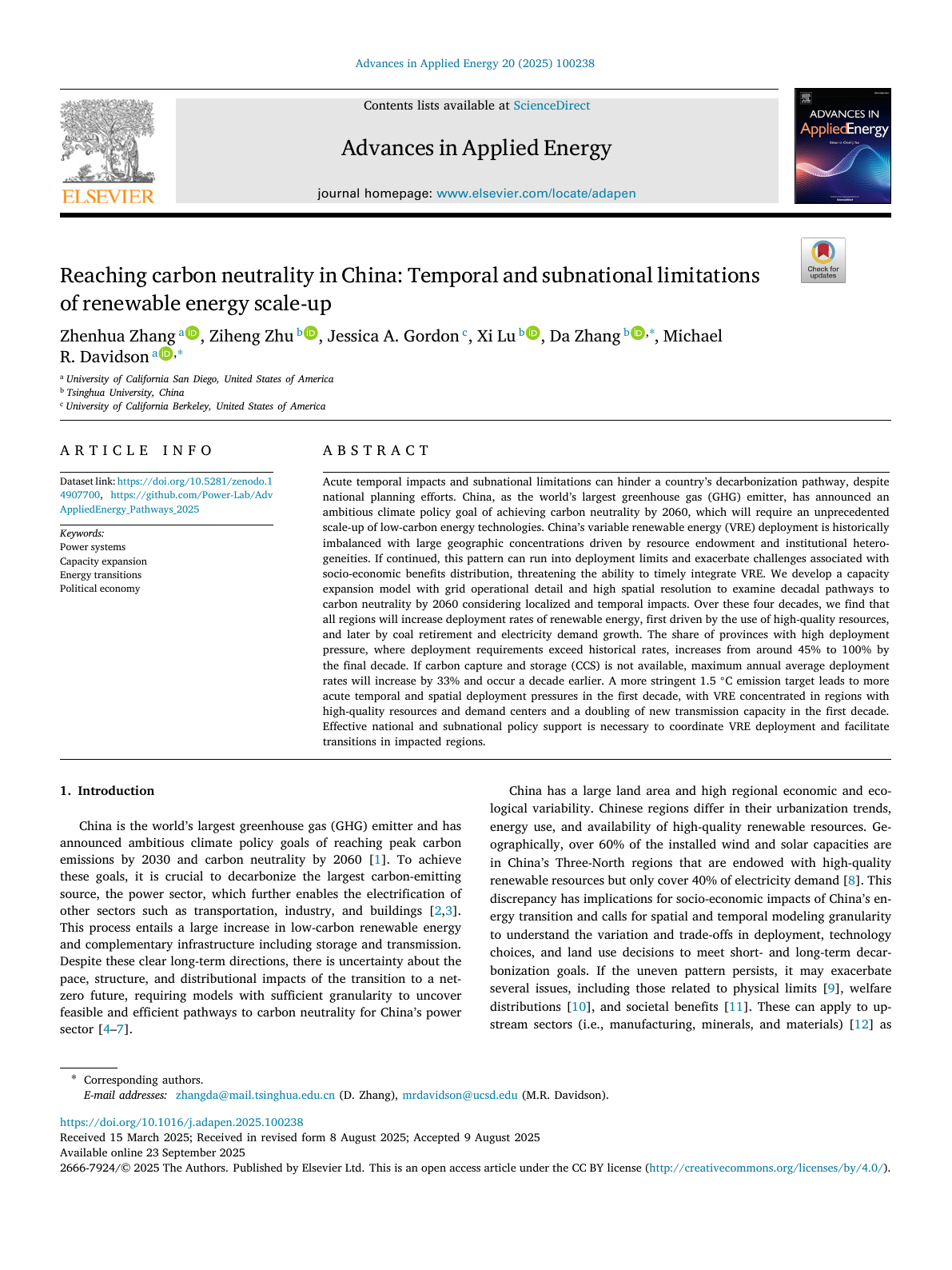 First page of the Advances in Applied Energy paper